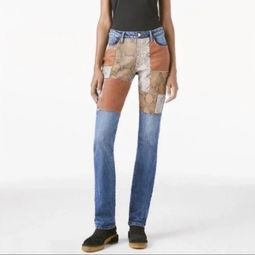 Frame Le Mini Boot Snake Print Leather Patchwork Jeans Size 24